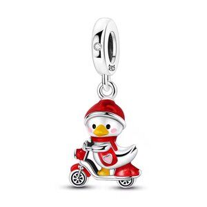 PANDORA 925 Silver Duckling on Scooter Dangle Charm | Fun CZ Bead Gift